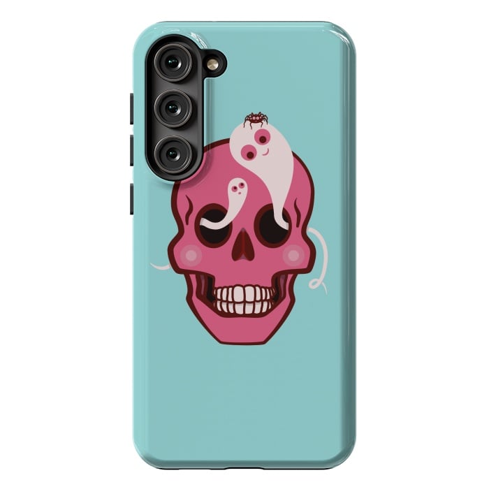 Galaxy S23 Plus StrongFit Cute Pink Skull With Spider And Ghosts In Eyes by Boriana Giormova