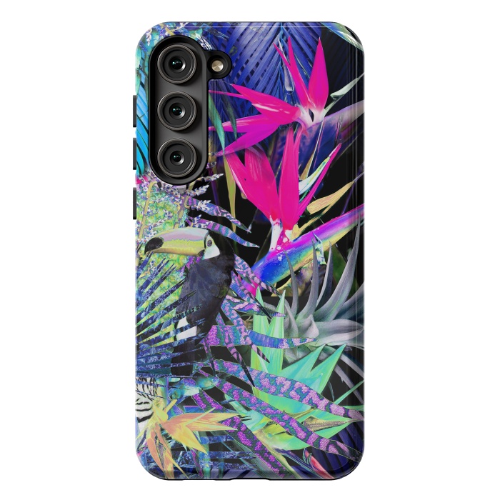 Galaxy S23 Plus StrongFit Colorful neon toucan and strelitzia jungle pattern by Oana 