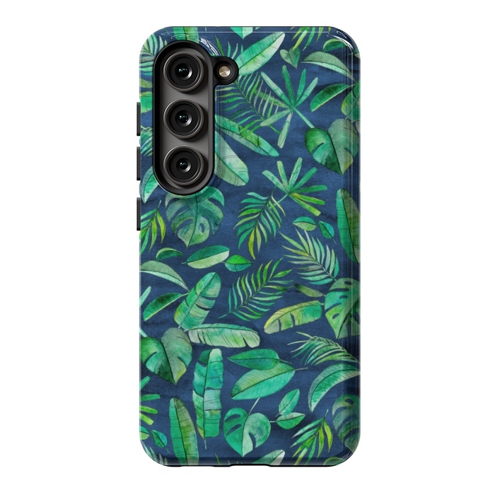 Galaxy S23 StrongFit Emerald Tropical Leaf Scatter on textured Navy Blue by Micklyn Le Feuvre