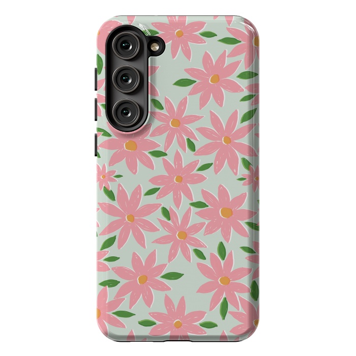 Galaxy S23 Plus StrongFit Pretty Hand Paint Pink Daisy Flowers Mint Design by InovArts