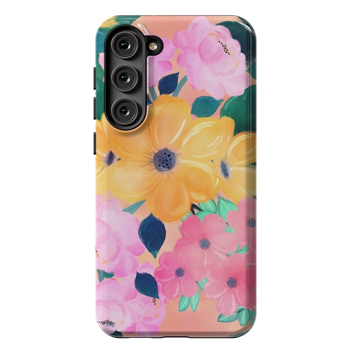 Galaxy S23 Plus StrongFit Trendy Pink Peonies Yellow Sunflowers Watercolor paint by InovArts