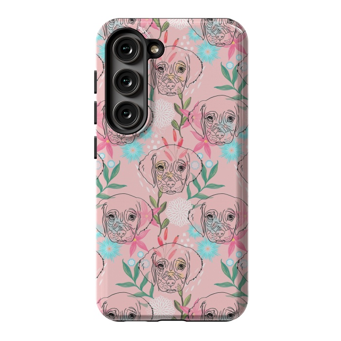 Galaxy S23 StrongFit Cute Puppy Dog and Flowers Pink Creative Art by InovArts