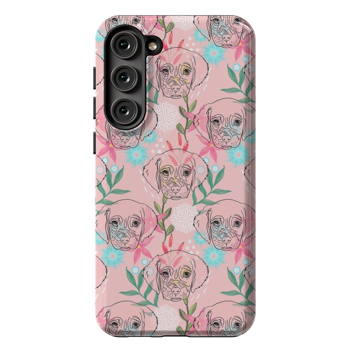 Galaxy S23 Plus StrongFit Cute Puppy Dog and Flowers Pink Creative Art by InovArts