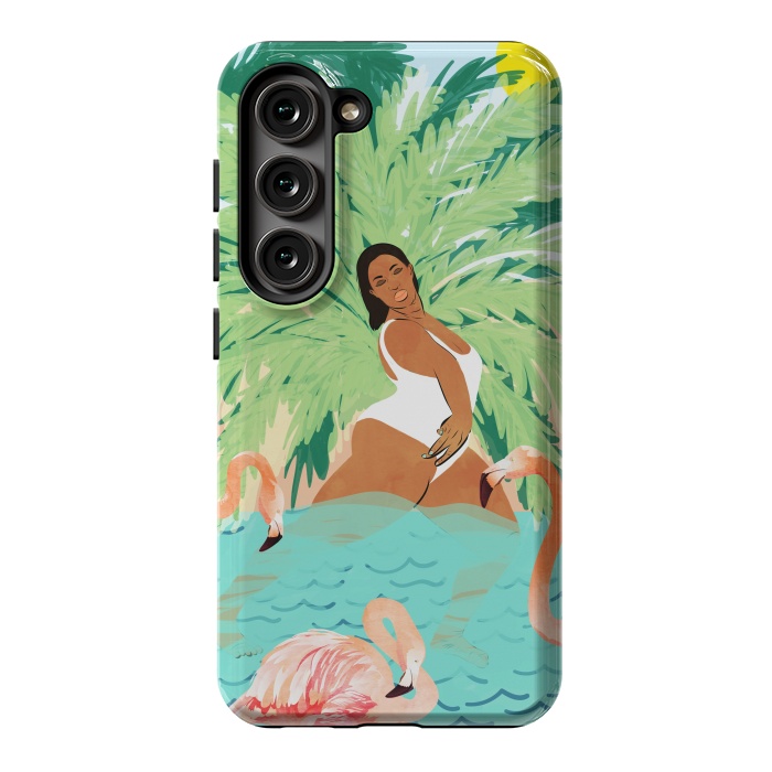 Galaxy S23 StrongFit Tropical Summer Water Yoga with Palm & Flamingos | Woman of Color Black Woman Body Positivity by Uma Prabhakar Gokhale