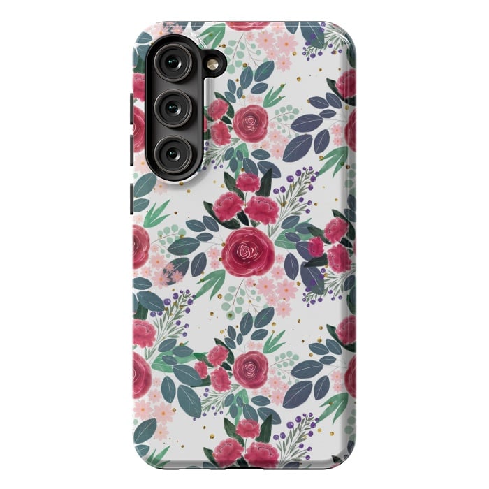 Galaxy S23 Plus StrongFit Cute Rose Pink Peonies Watercolor Paint Gold Dots Design by InovArts