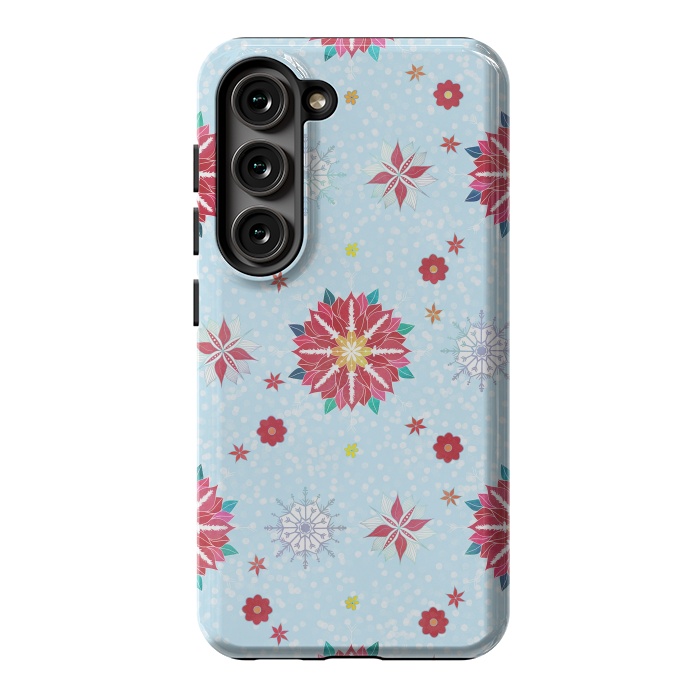 Galaxy S23 StrongFit Trendy Winter Red Poinsettias White Snowflakes Pattern by InovArts