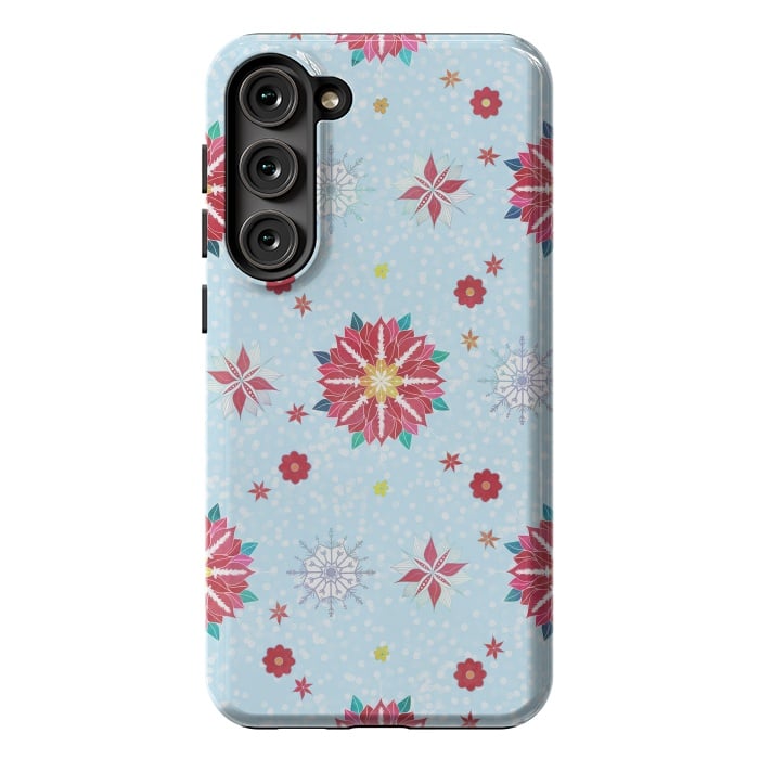 Galaxy S23 Plus StrongFit Trendy Winter Red Poinsettias White Snowflakes Pattern by InovArts