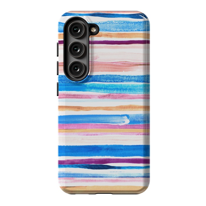 Galaxy S23 StrongFit Pastel Pink, Plum and Cobalt Blue Gouache Stripes by Micklyn Le Feuvre