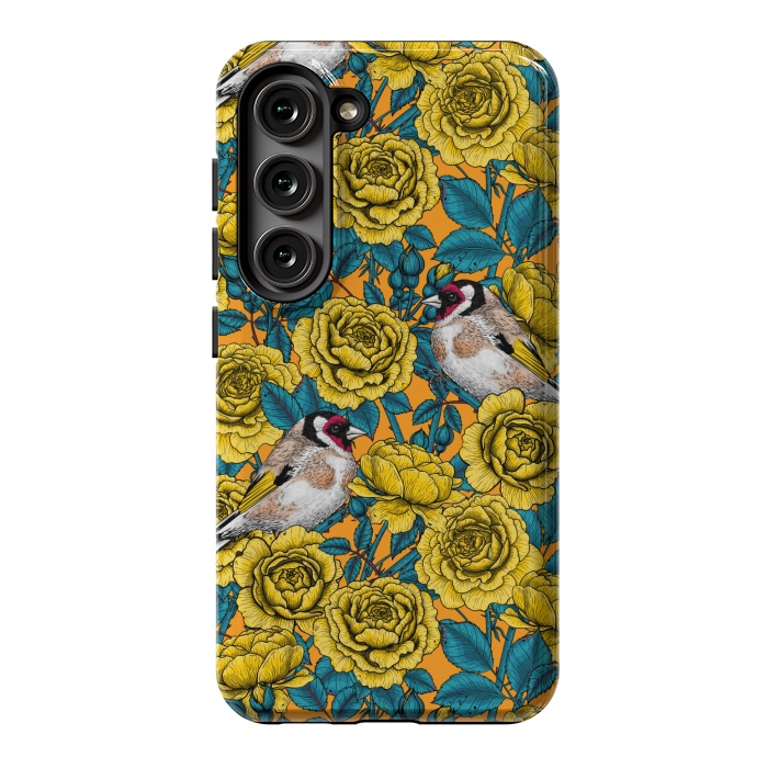 Galaxy S23 StrongFit Rose flowers and goldfinch birds by Katerina Kirilova