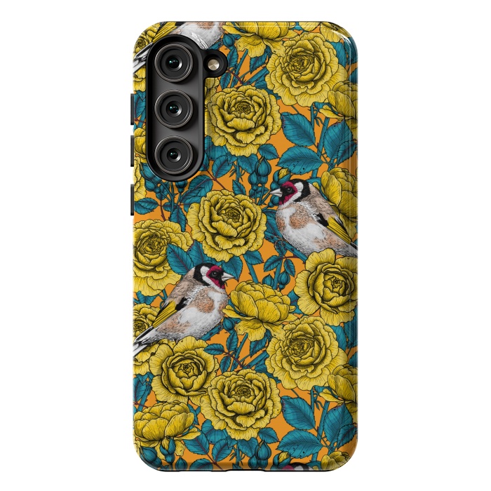 Galaxy S23 Plus StrongFit Rose flowers and goldfinch birds by Katerina Kirilova