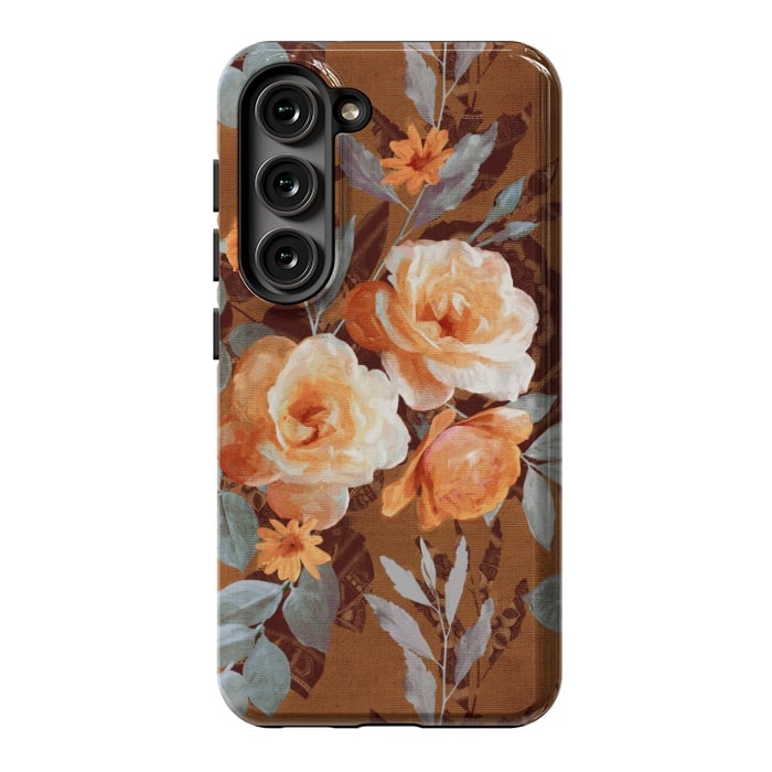 Galaxy S23 StrongFit Chintz Roses on Rust Brown by Micklyn Le Feuvre