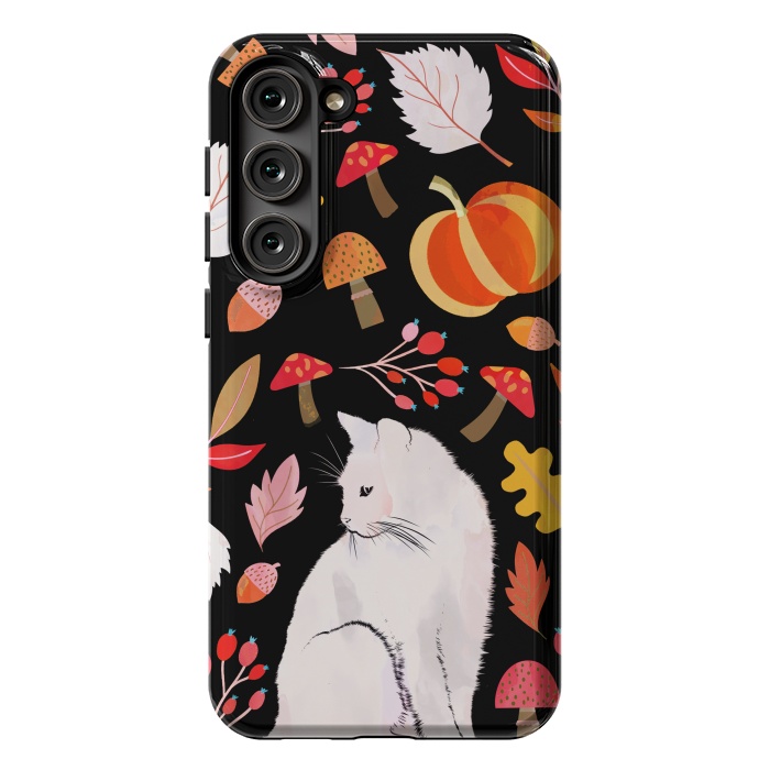 Galaxy S23 Plus StrongFit Autumn nature pattern with white cat by Oana 