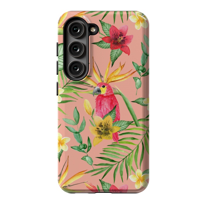 Galaxy S23 StrongFit Red parrot and tropical leaves by Julia Badeeva