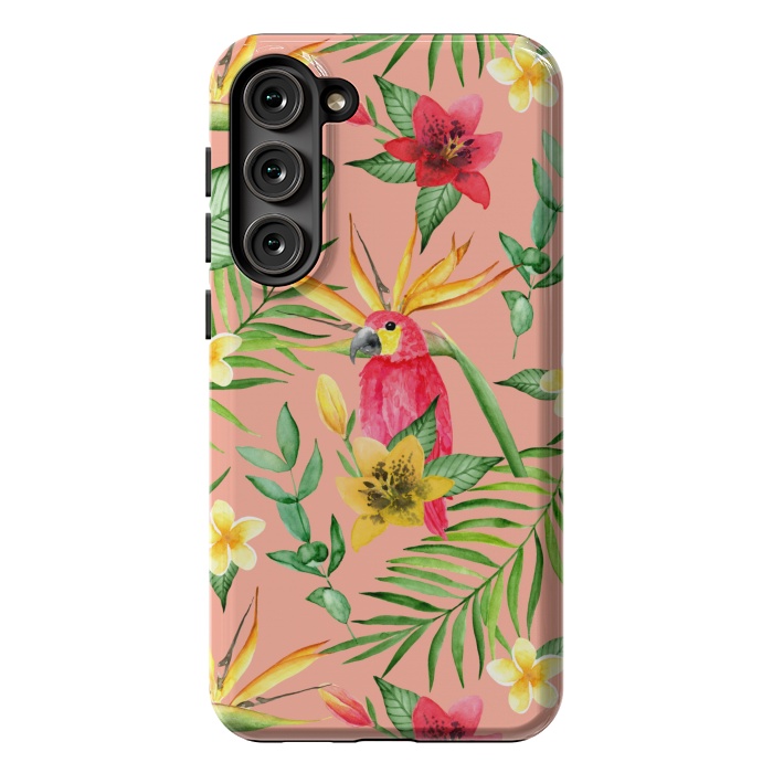 Galaxy S23 Plus StrongFit Red parrot and tropical leaves by Julia Badeeva