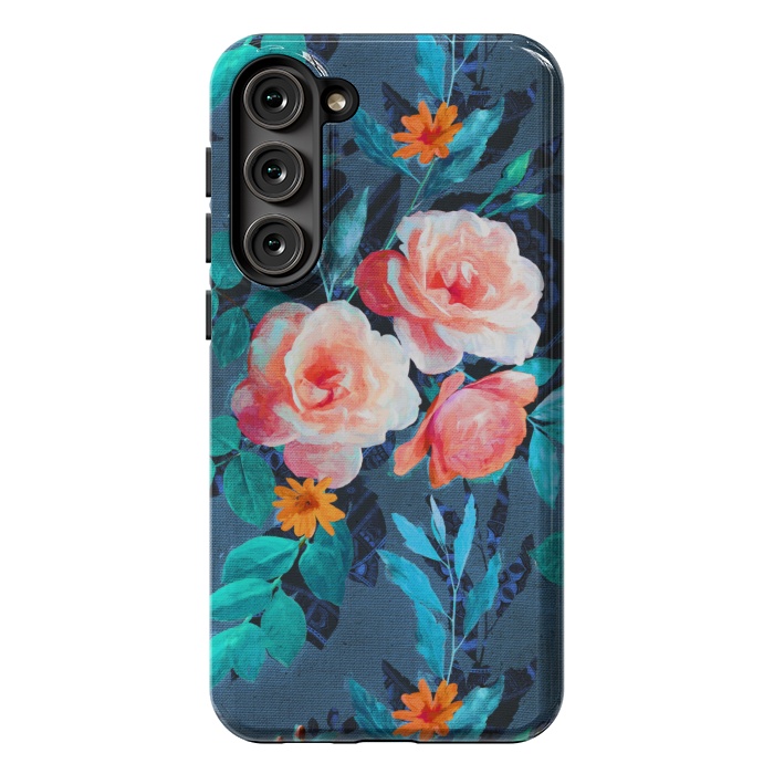 Galaxy S23 Plus StrongFit Retro Rose Chintz in Radiant Coral on Blue by Micklyn Le Feuvre