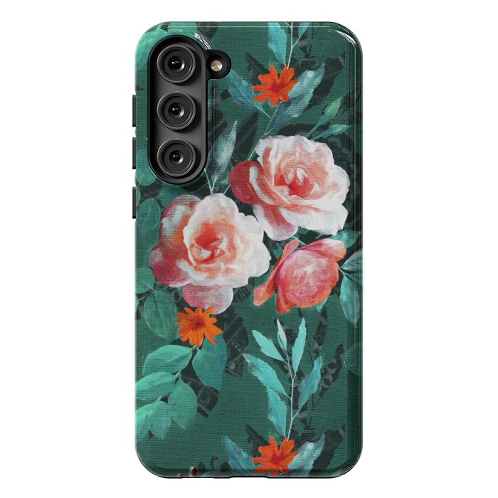 Galaxy S23 Plus StrongFit Retro Rose Chintz in Melon Pink on Dark Emerald Green by Micklyn Le Feuvre