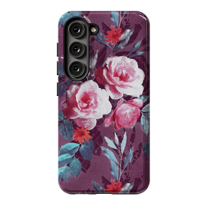 Galaxy S23 StrongFit Retro Rose Chintz in Magenta and Plum by Micklyn Le Feuvre
