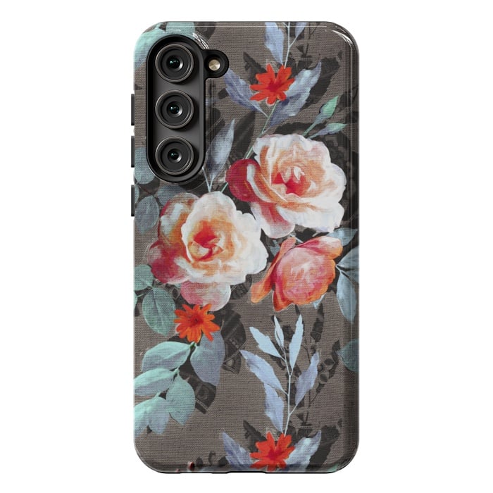 Galaxy S23 Plus StrongFit Retro Rose Chintz in Scarlet, Peach, Sage and Grey by Micklyn Le Feuvre