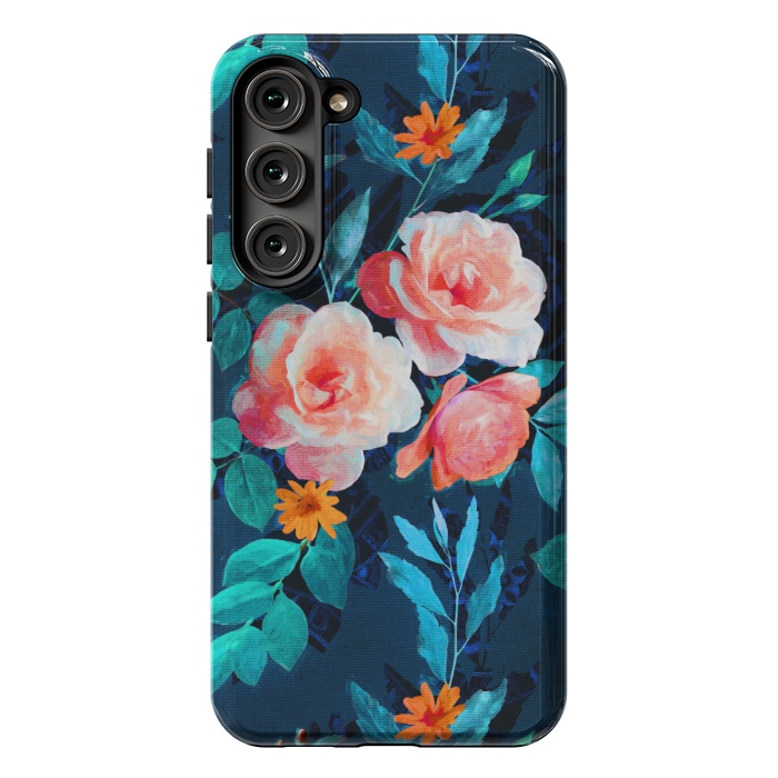 Galaxy S23 Plus StrongFit Retro Rose Chintz in Bright Coral and Peach on Indigo Blue by Micklyn Le Feuvre