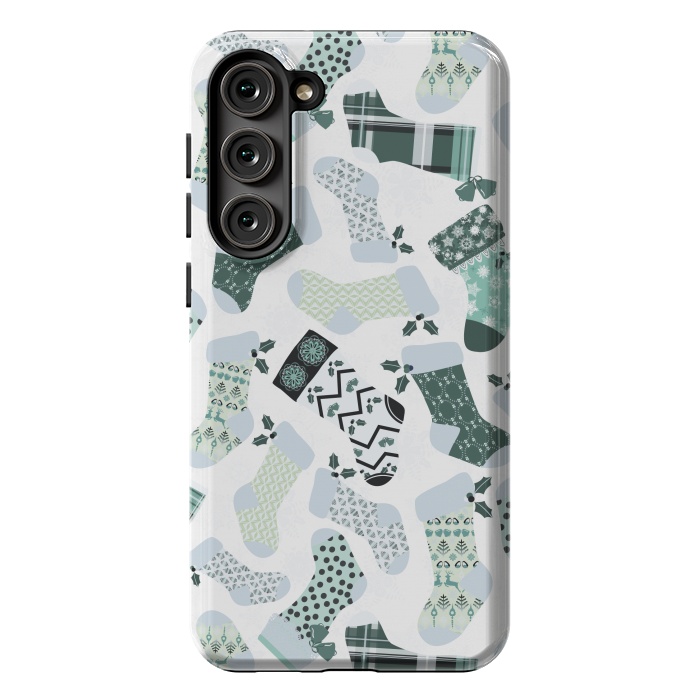 Galaxy S23 Plus StrongFit Christmas Stockings in Green and White by Paula Ohreen