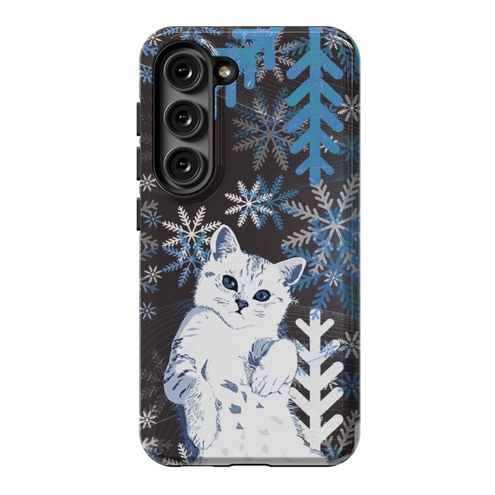 Galaxy S23 StrongFit Cute kitty with blue metallic snowflakes by Oana 