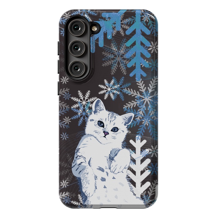 Galaxy S23 Plus StrongFit Cute kitty with blue metallic snowflakes by Oana 