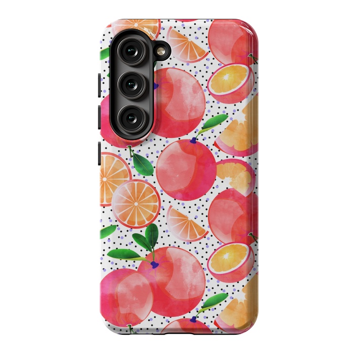Galaxy S23 StrongFit Citrus Tropical | Juicy Fruits Polka Dots | Food Orange Grapefruit Pink Watercolor Botanica by Uma Prabhakar Gokhale