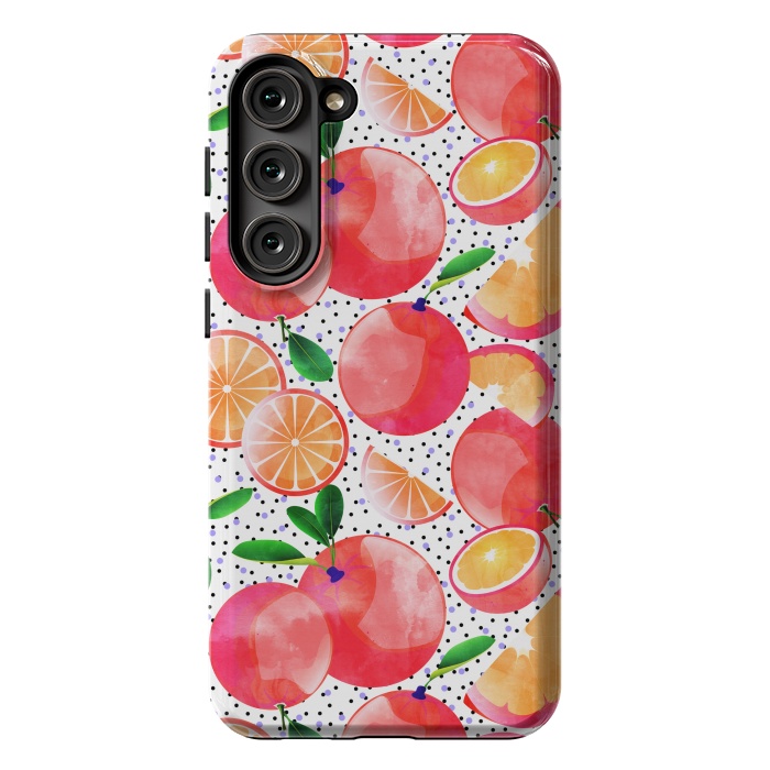 Galaxy S23 Plus StrongFit Citrus Tropical | Juicy Fruits Polka Dots | Food Orange Grapefruit Pink Watercolor Botanica by Uma Prabhakar Gokhale