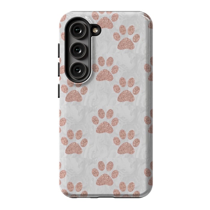 Galaxy S23 StrongFit Rose Gold Paw Prints on Marble by Julie Erin Designs