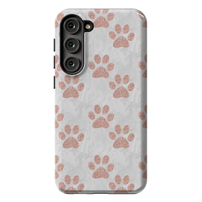 Galaxy S23 Plus StrongFit Rose Gold Paw Prints on Marble by Julie Erin Designs