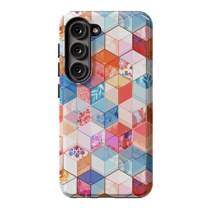 Galaxy S23 StrongFit Coral, Cream and Cobalt Kaleidoscope Cubes by Micklyn Le Feuvre