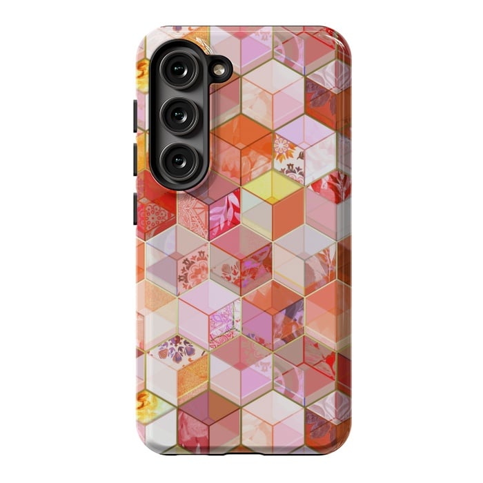Galaxy S23 StrongFit Gold and Garnet Kaleidoscope Cubes by Micklyn Le Feuvre