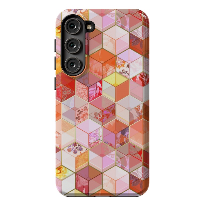Galaxy S23 Plus StrongFit Gold and Garnet Kaleidoscope Cubes by Micklyn Le Feuvre