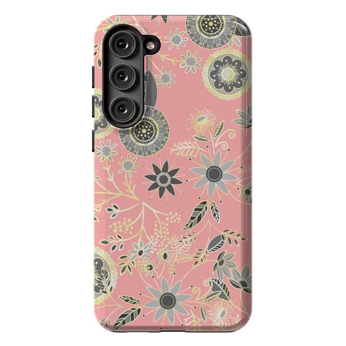 Galaxy S23 Plus StrongFit Elegant Gray and Pink Folk Floral Golden Design by InovArts