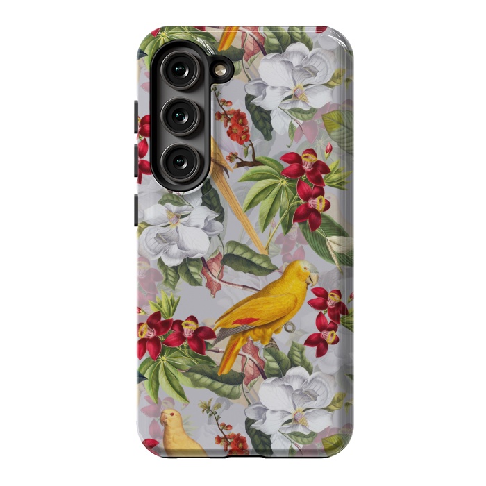 Galaxy S23 StrongFit Antique Yellow Parrots in Flower Jungle by  Utart