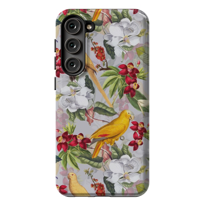 Galaxy S23 Plus StrongFit Antique Yellow Parrots in Flower Jungle by  Utart