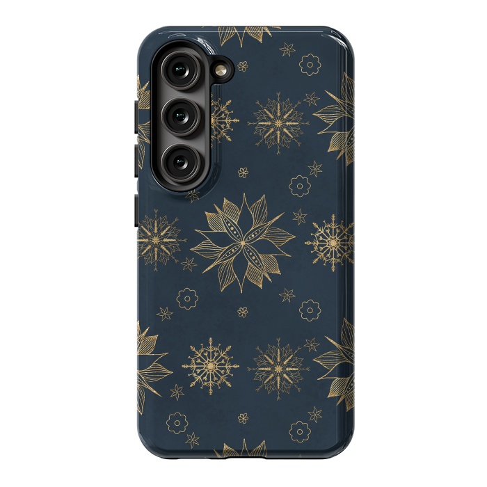 Galaxy S23 StrongFit Elegant Gold Blue Poinsettias Snowflakes Pattern by InovArts