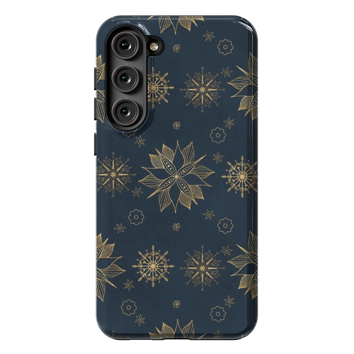 Galaxy S23 Plus StrongFit Elegant Gold Blue Poinsettias Snowflakes Pattern by InovArts