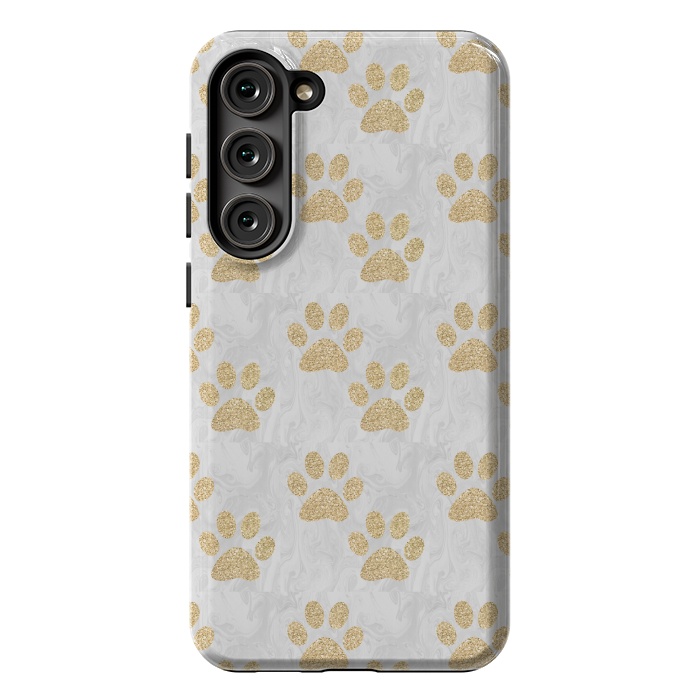 Galaxy S23 Plus StrongFit Gold Paw Prints on Marble by Julie Erin Designs