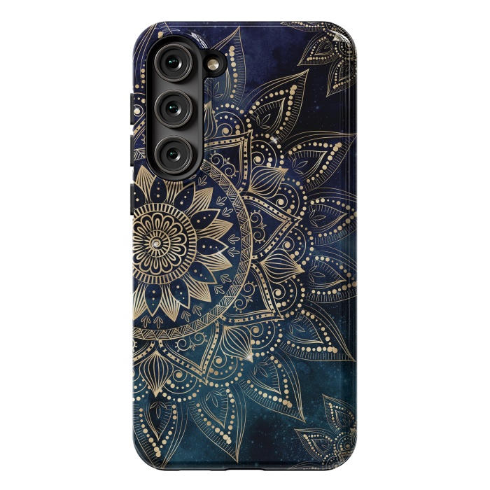 Galaxy S23 Plus StrongFit Elegant Gold Mandala Blue Galaxy Design by InovArts
