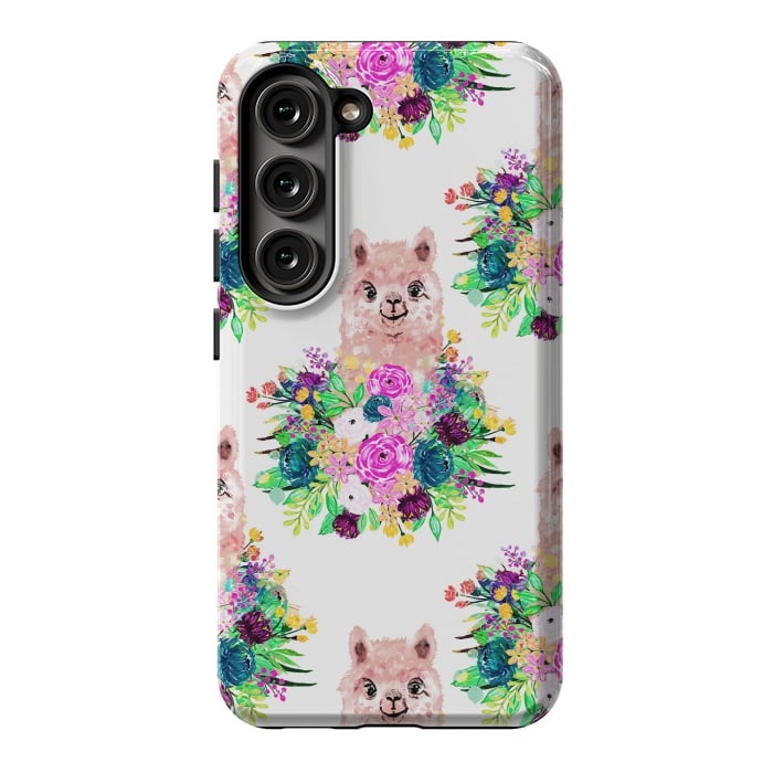 Galaxy S23 StrongFit Cute Pink Alpaca and Flowers Watercolor paint by InovArts