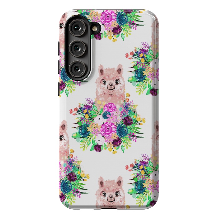 Galaxy S23 Plus StrongFit Cute Pink Alpaca and Flowers Watercolor paint by InovArts