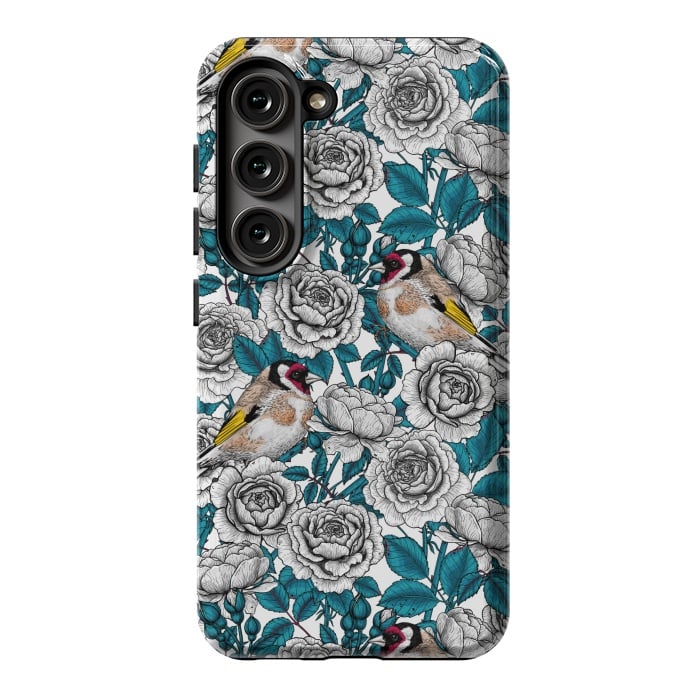 Galaxy S23 StrongFit White rose flowers and goldfinch birds by Katerina Kirilova