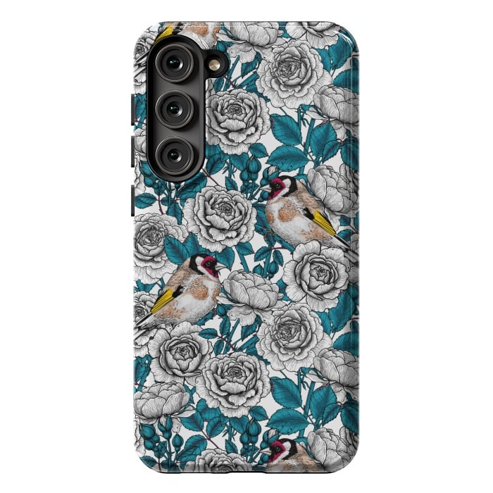 Galaxy S23 Plus StrongFit White rose flowers and goldfinch birds by Katerina Kirilova