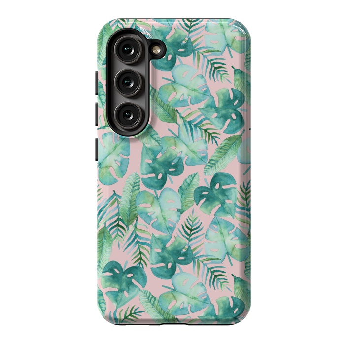 Galaxy S23 StrongFit Cyan Tropical Jungle on Pink by Tangerine-Tane