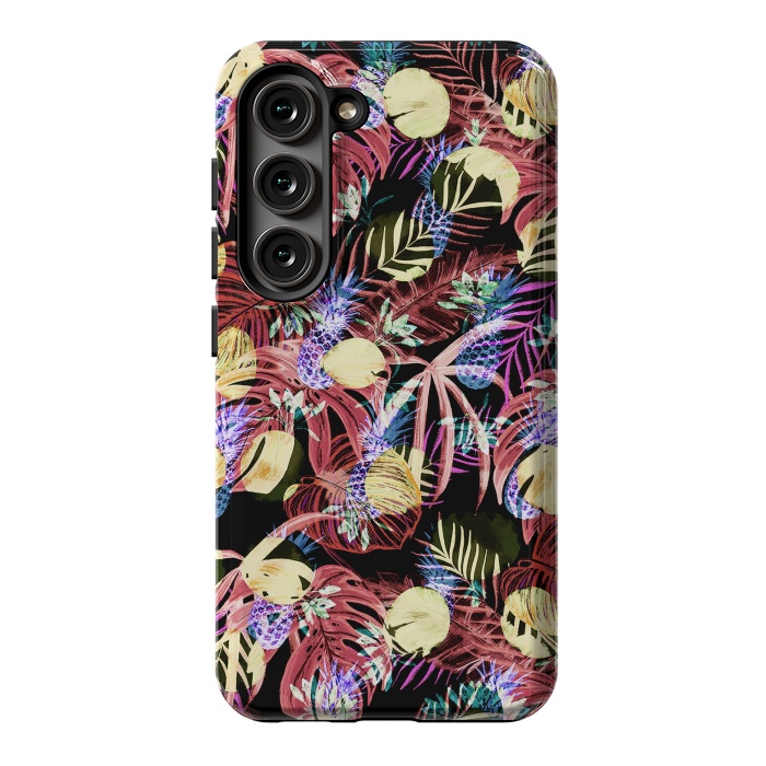 Galaxy S23 StrongFit Colourful painted tropical leaves and pineapples by Oana 