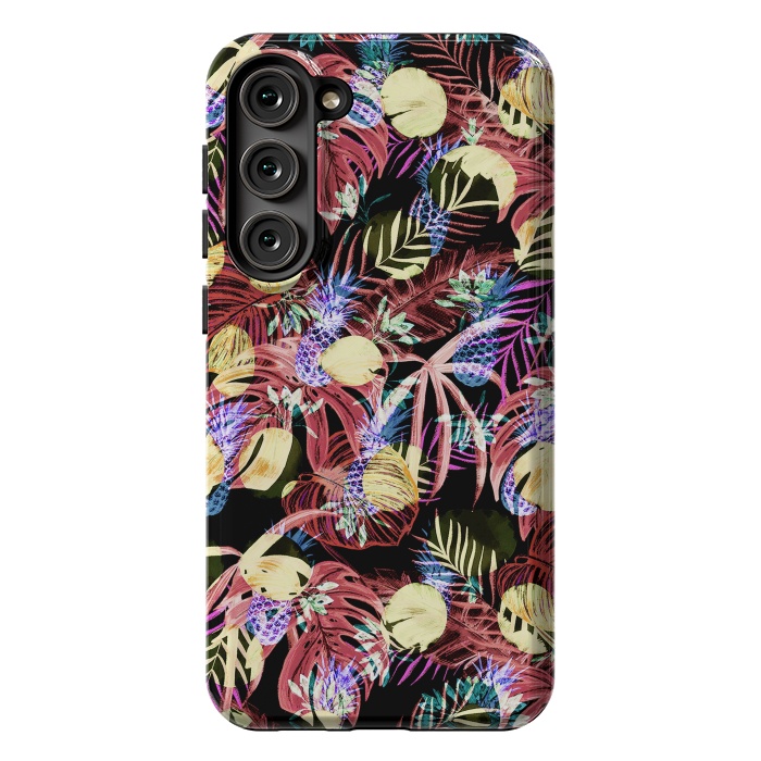 Galaxy S23 Plus StrongFit Colourful painted tropical leaves and pineapples by Oana 