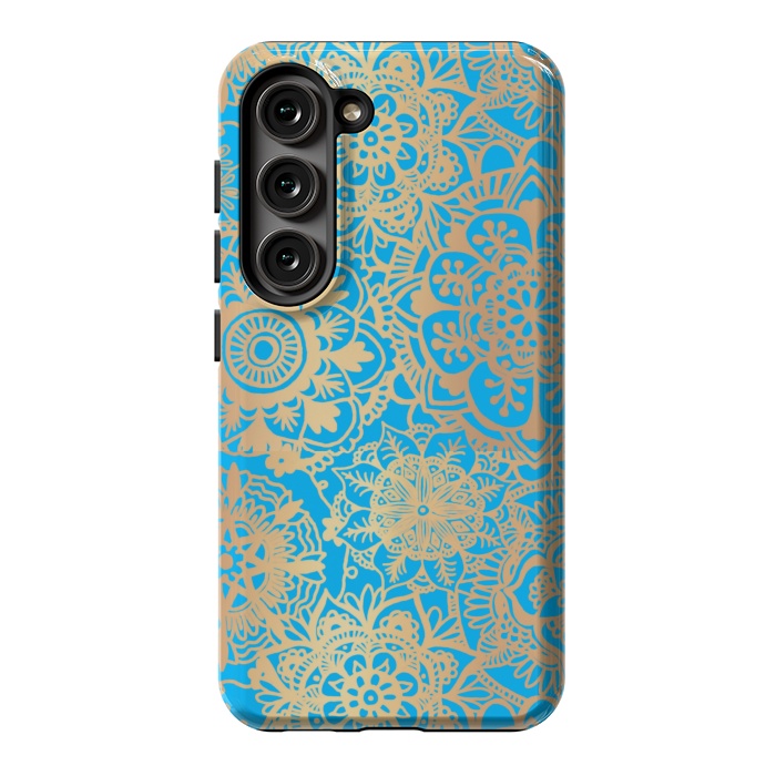 Galaxy S23 StrongFit Light Blue and Gold Mandala Pattern by Julie Erin Designs