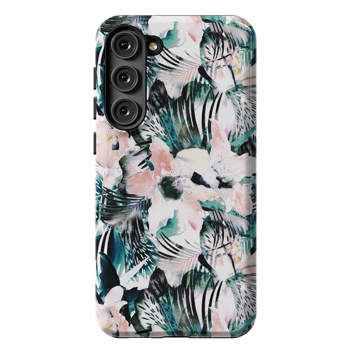 Galaxy S23 Plus StrongFit Tropical flowers and palm leaves by Oana 