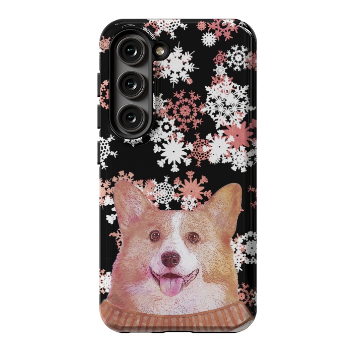 Galaxy S23 StrongFit Cute corgi and white rose gold snowflakes by Oana 